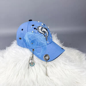 Upcycled Y2K Hat, Light Blue Baseball Hat, Embroidered Dolphins, Beads & Bling
